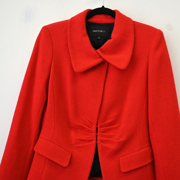 Lafayette 148 Blazer Jacket Size 2 Red Tweed Virgin Wool Ruched Office Chic - Picture 2 of 10